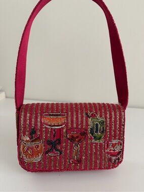 Beaded Pink Cocktail Motif Shoulder Bag